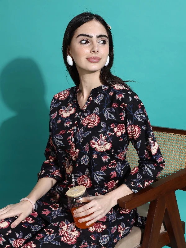 Midnight Black Floral Cotton Pyjama Set for Women Buy Today